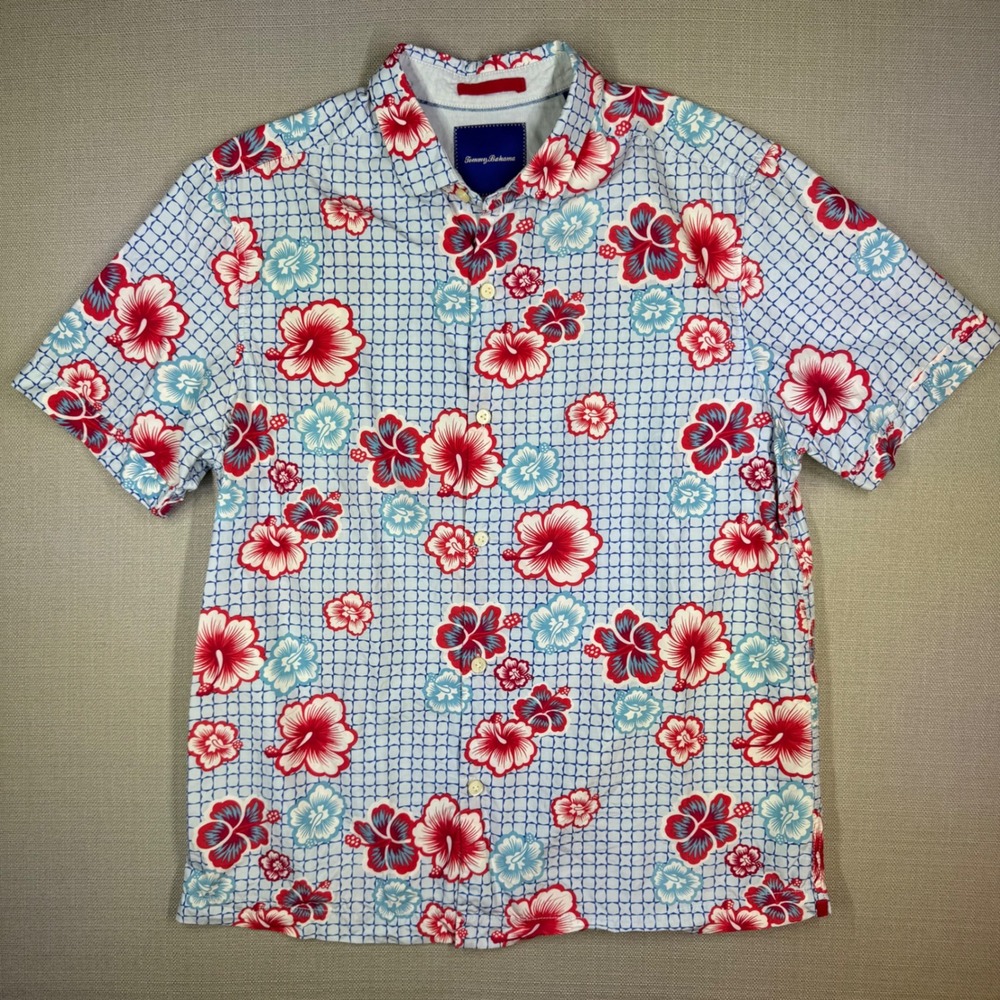 Tommy Bahama Mens Silk Cotton Hibiscus Floral Island Modern Fit Shirt Blue Red M
